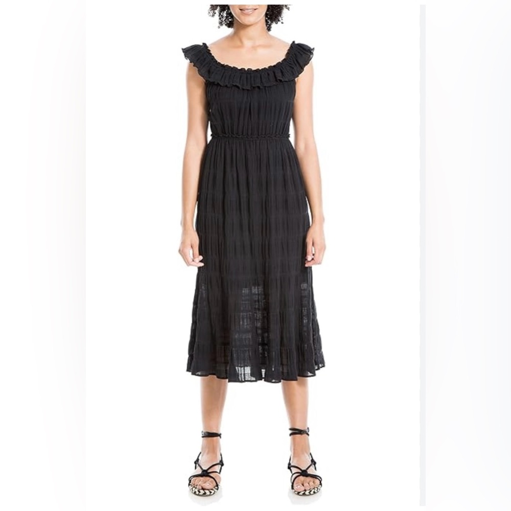Max studio women’s size medium sleeveless, scoop, neck ruffle trim‎ midi  dress